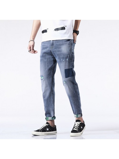 Stretch holed jeans men's fashion brand loose...