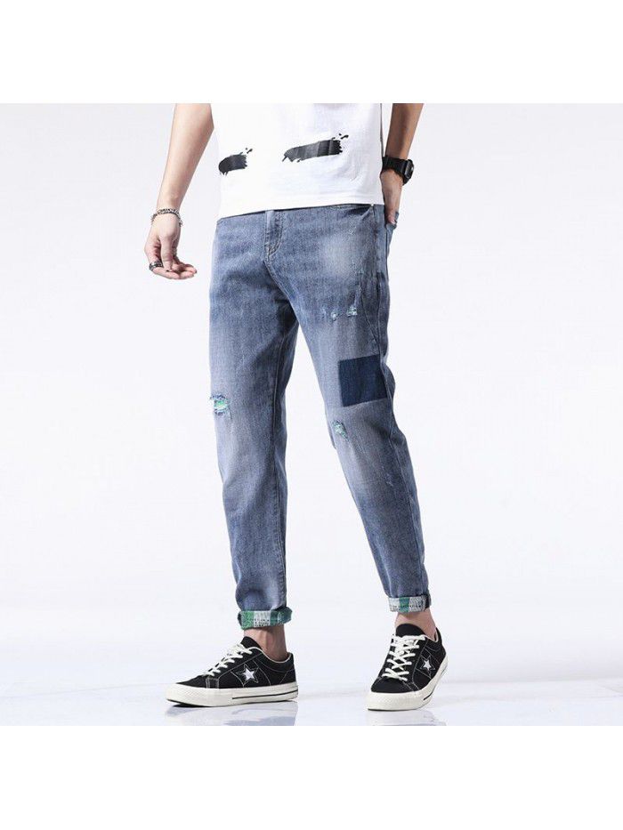 Stretch holed jeans men's fashion brand loose feet Harlan pants men's fashion youth fashion casual Capris 