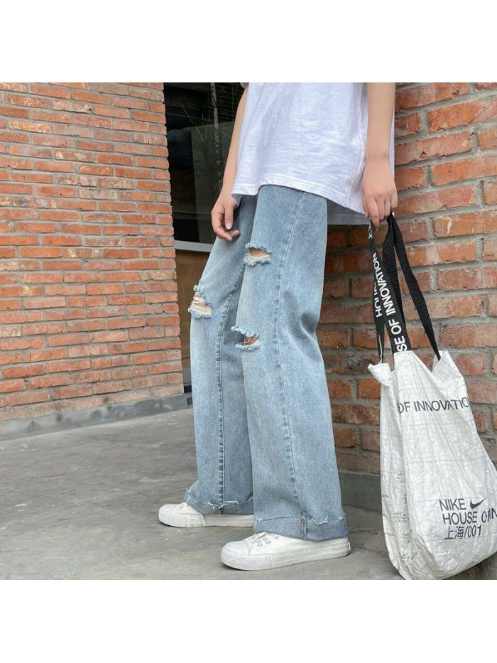 Hole washed jeans men's fashion brand loose straight tube Harem Pants men's youth leisure wide leg Daddy Long Pants 