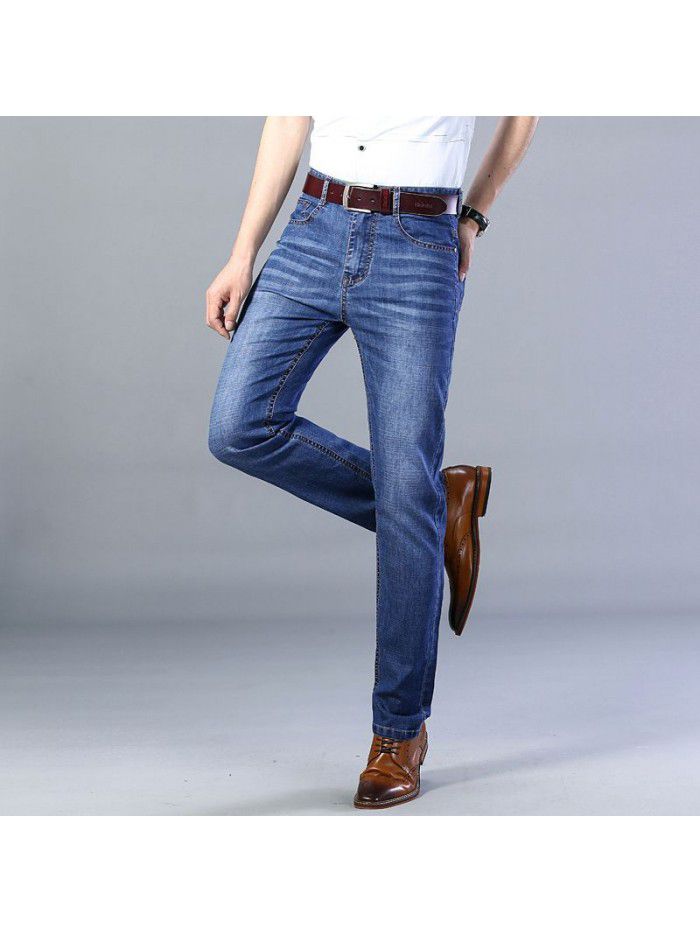  summer thin fashion jeans men's loose straight middle age fashion elastic casual pants 