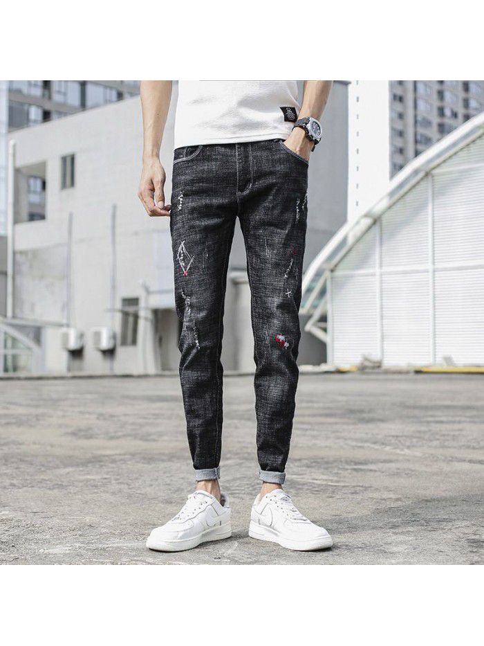 Spring and autumn men's jeans slim fit small foot casual Capris men's Korean fashion brand  spring new 