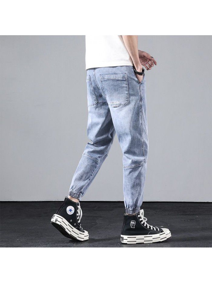 Spring and summer new jeans men's elastic waist loose feet men's youth leisure corset Harun Capris 