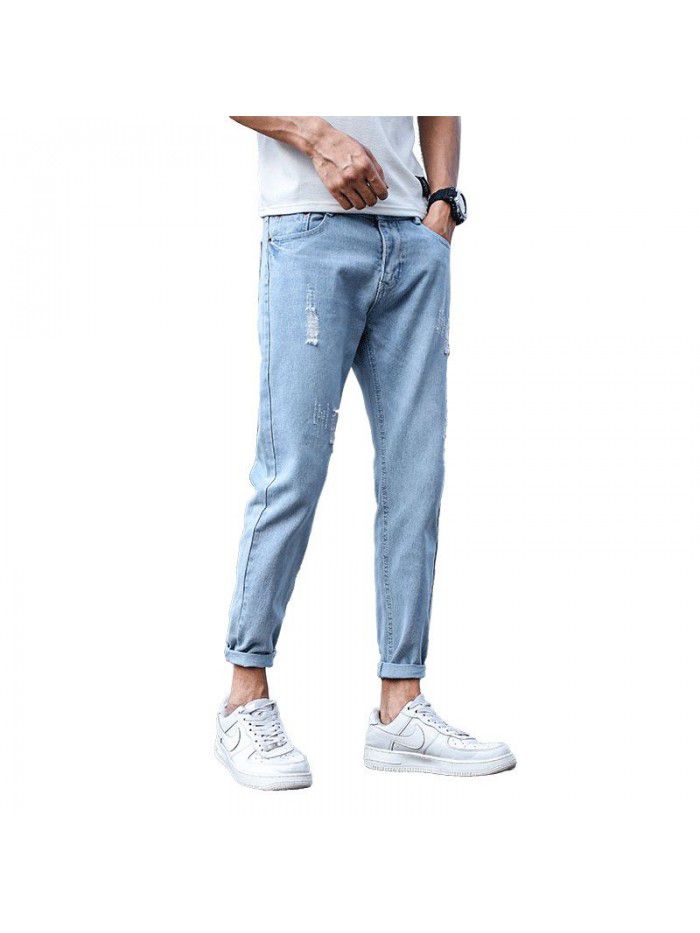 Spring and summer  new fashion brand jeans men's Korean slim Leggings men's trend youth casual Capris 