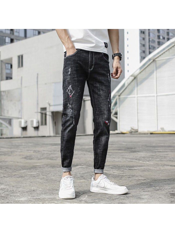 Spring and autumn men's jeans slim fit small foot casual Capris men's Korean fashion brand  spring new 