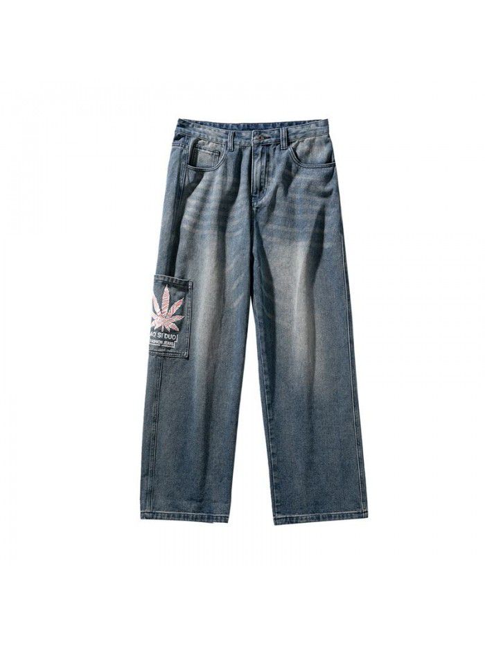 Washed and printed jeans men's fashion brand loose straight tube wide leg pants men's Korean casual tooling daddy pants 