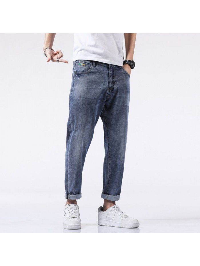Spring and summer new jeans men's fashion brand loose straight tube Harem Pants men's fashion youth leisure elastic Capris 