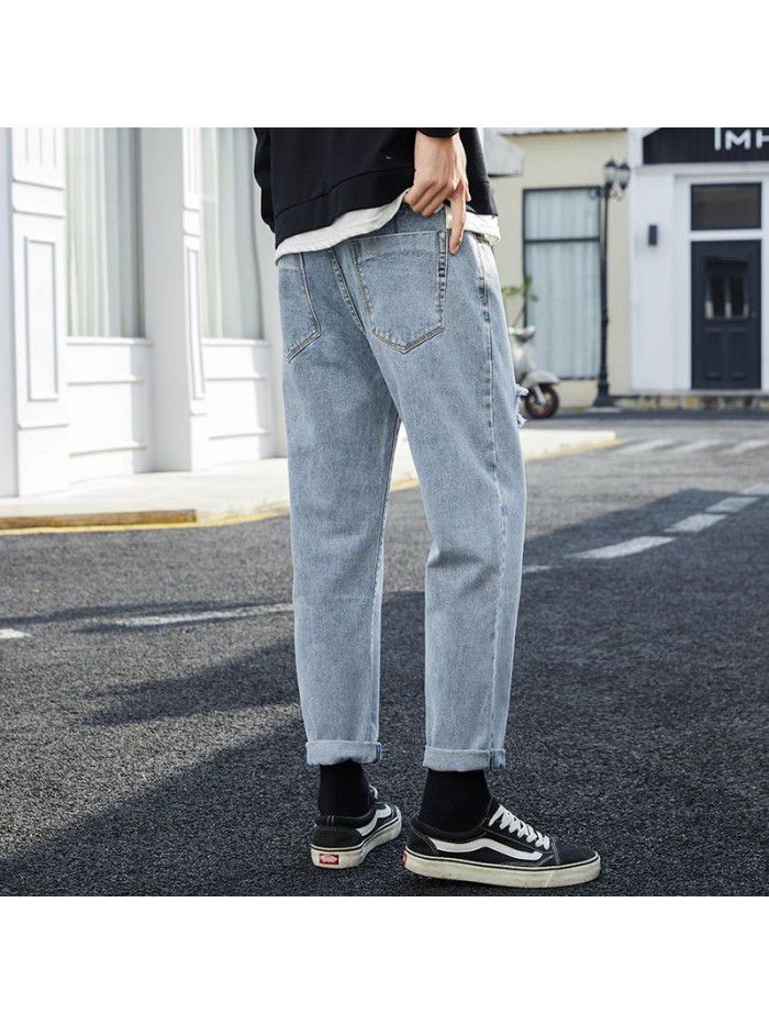Trendy brand washed jeans men's spring and summer new loose straight pants men's trend casual hole wide leg quarter pants 