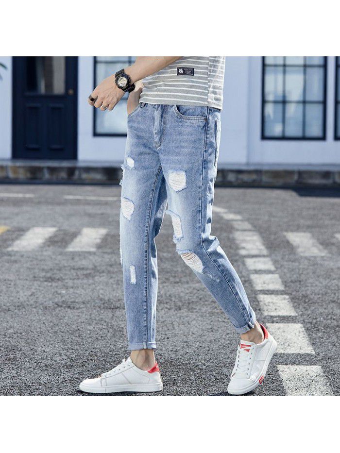 Spring and summer new fashion brand pierced jeans men's Korean casual Leggings men's fashion youth casual Capris 
