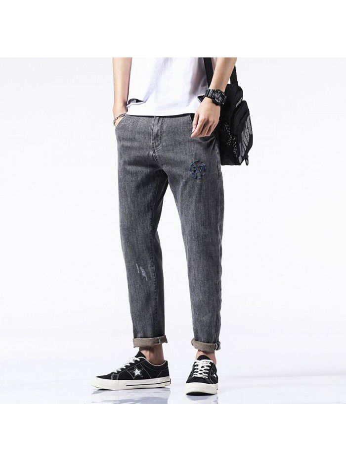 Spring and summer new stretch jeans men's fashion brand loose straight tube Harem Pants men's trend casual embroidery Capris 