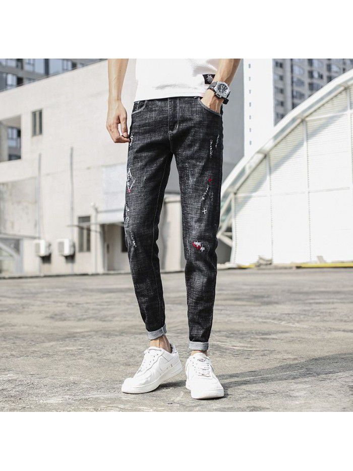 Spring and autumn men's jeans slim fit small foot casual Capris men's Korean fashion brand  spring new 