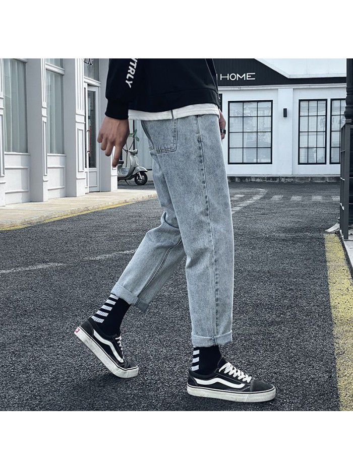 Spring and summer new jeans men's loose straight wide leg pants men's trend casual simple drawstring Harlan Capris 