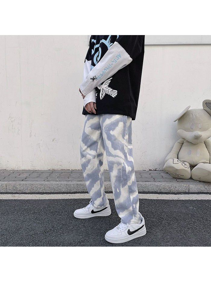 spring and summer new jeans men's trend loose straight hip hop Street elastic waist Hong Kong style wide leg pants 