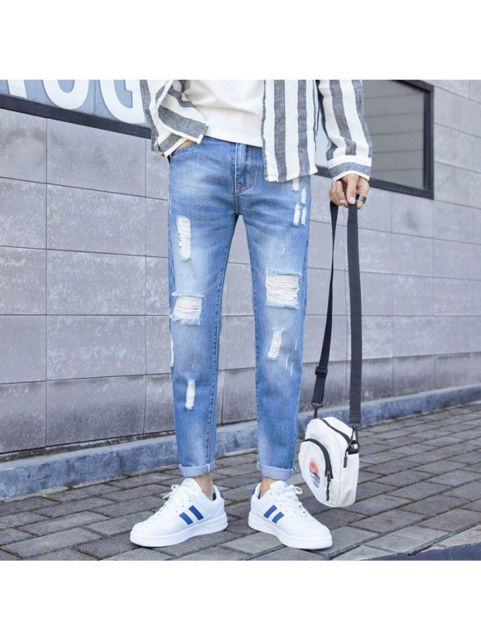 Fashion brand washed jeans men's spring and summer new hole slim Leggings men's fashion casual Capris 