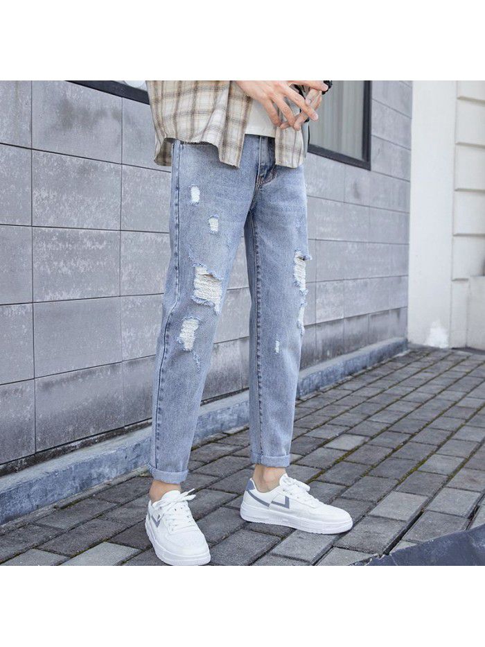 Chao brand water washed perforated jeans men's spring and summer new Korean slim Leggings men's youth casual Capris 