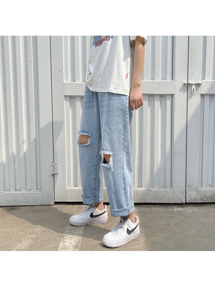 Spring and summer new fashion brand pierced jeans men's loose straight pants men's fashion youth leisure wide leg Harem Pants 