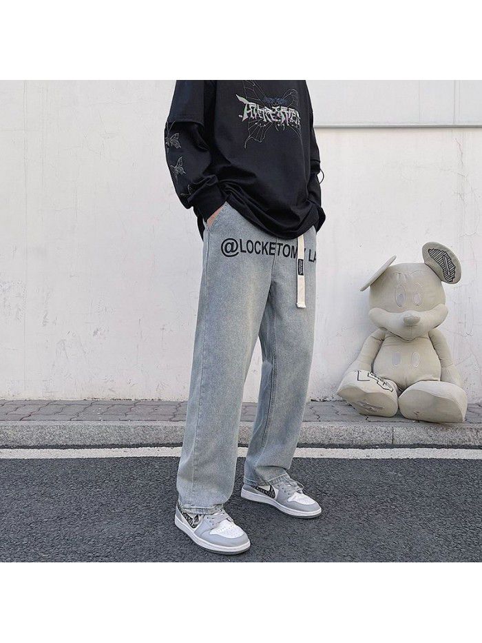 New fashion in spring and summer, Hong Kong style, retro, old dad jeans, men's loose, straight leg, wide leg pants 