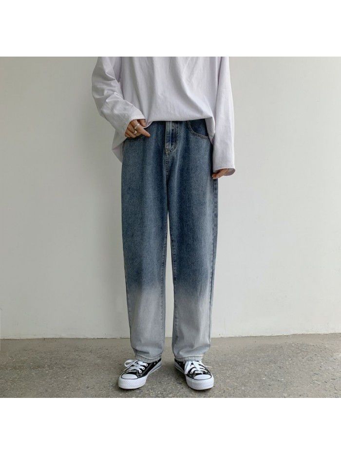 Korean washed jeans men's fashion brand loose straight pants Harem Pants men's youth leisure wide leg daddy pants 