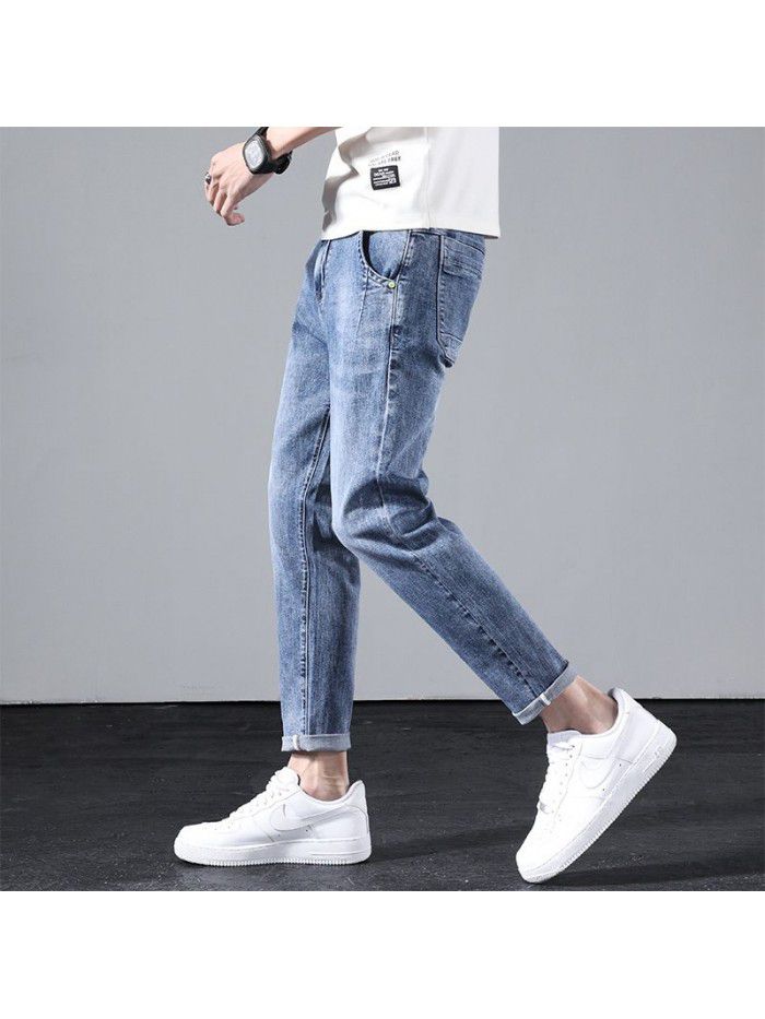 Jeans men's spring fashion brand loose Harlan straight pants men's trend youth fashion simple casual Capris 