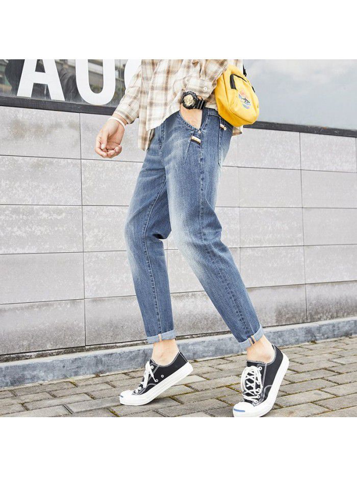 Men's slim jeans spring and summer  new fashion brand Korean leisure trend elastic wash leg Capris 
