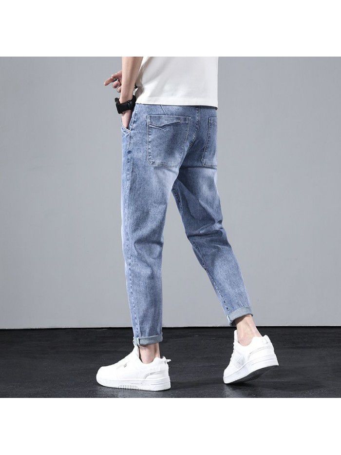 Spring and summer new fashion brand jeans men's slim straight pants men's youth fashion leisure Harlan stretch pants 
