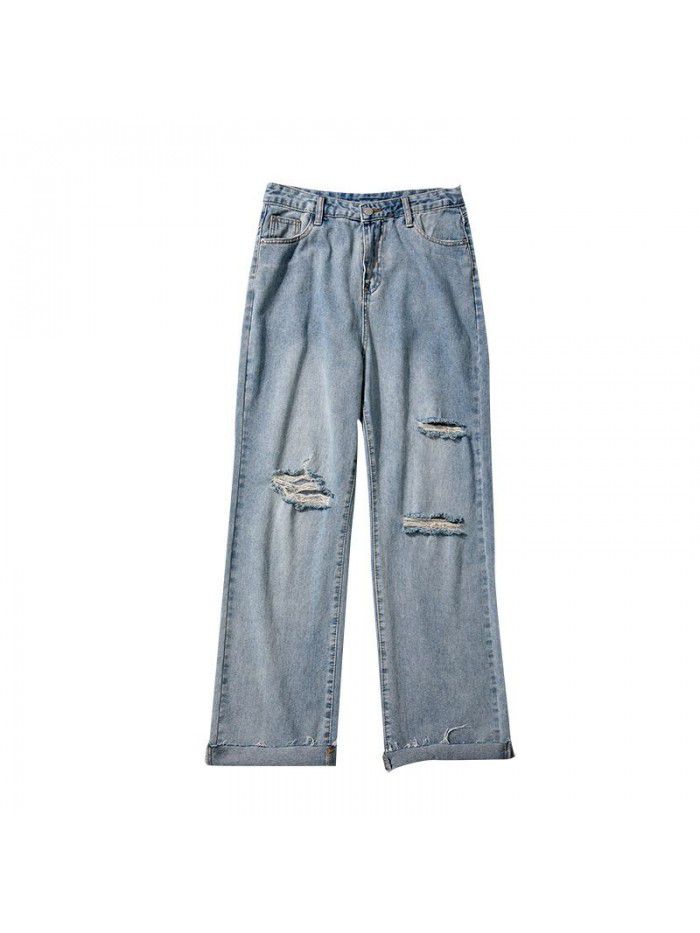 Hole washed jeans men's fashion brand loose straight tube Harem Pants men's youth leisure wide leg Daddy Long Pants 