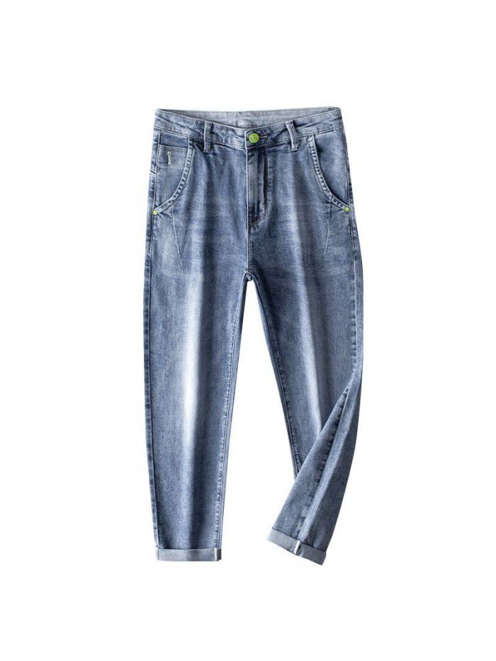 Jeans men's spring fashion brand loose Harlan straight pants men's trend youth fashion simple casual Capris 