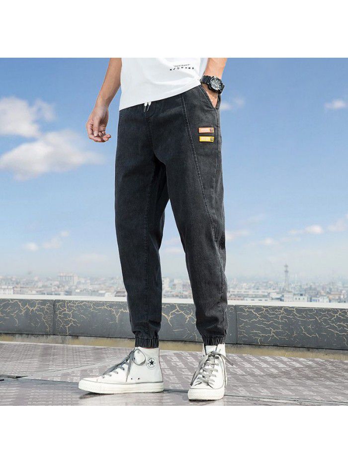 Spring and summer new jeans men's trendy brand loose legged Harlan pants men's casual drawstring elastic legged pants 