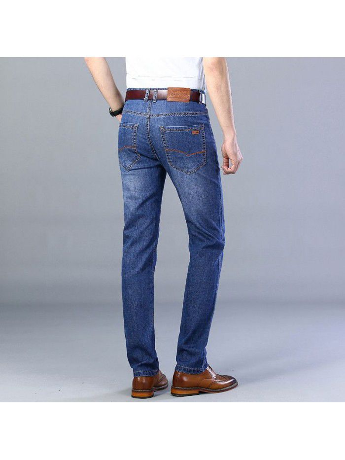  summer thin fashion jeans men's loose straight middle age fashion elastic casual pants 