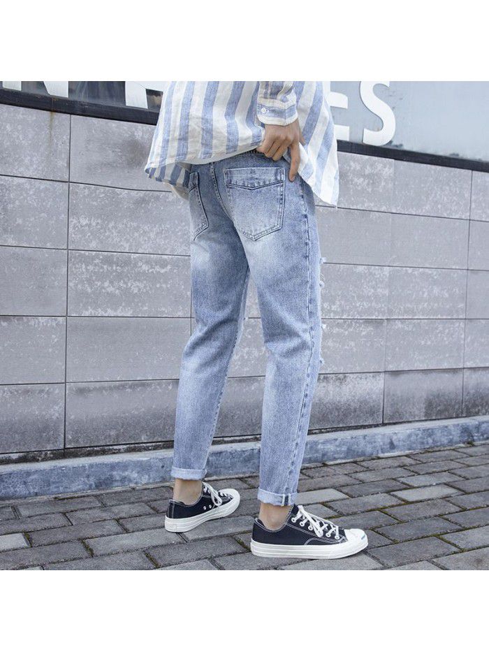  spring and summer new perforated jeans men's Korean slim Leggings men's trend youth casual Capris 