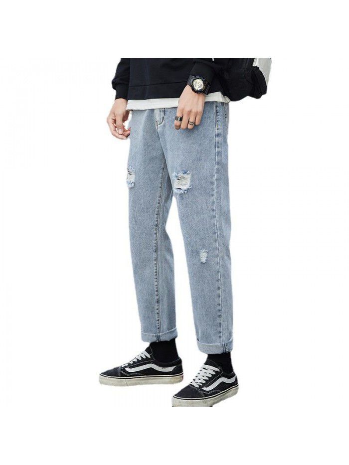 Trendy brand washed jeans men's spring and summer new loose straight pants men's trend casual hole wide leg quarter pants 