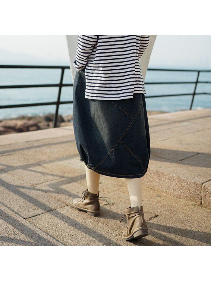 Qimei  Amazon's popular spring fashion denim skirt mid length elastic waist A-line skirt wholesale 