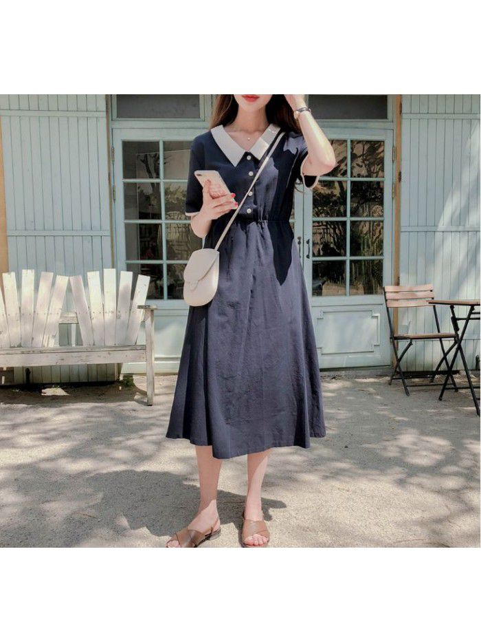 New design in  summer: medium length short sleeve black dress women's French waist down skirt 