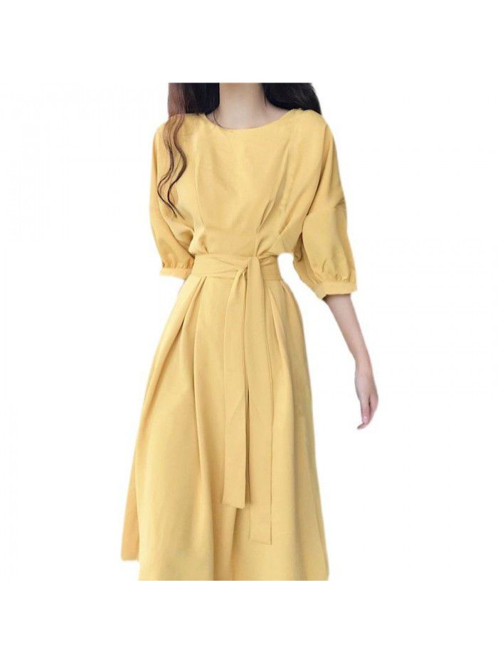 Spring and summer long skirt ankle super fairy yellow Mori  new dress with thin waist, French style skirt 