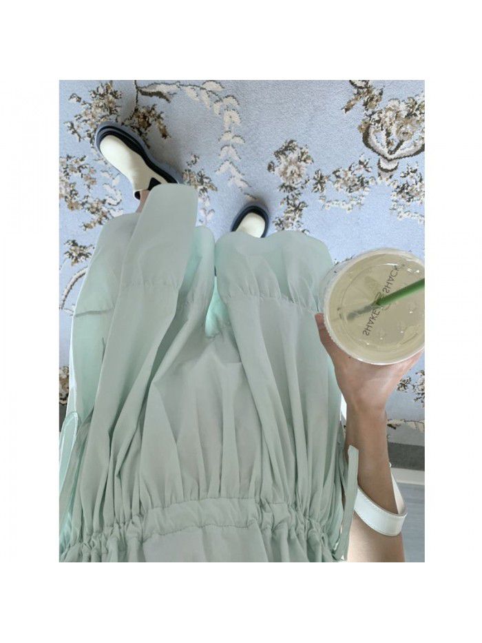 new refreshing mint V-neck drawstring waist cake dress with fresh temperament of female Platycodon grandiflorum skirt   new refreshing mint V-neck drawstring waist cake dress with fresh temperament of female Platycodon grandiflorum skirt
