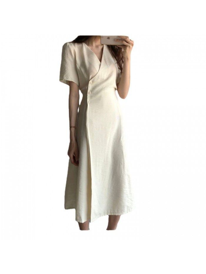 Korean chic temperament V-neck three button slim tie waist mid length short sleeve dress 