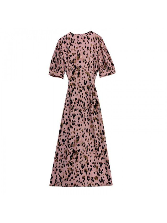Pink Leopard Pattern bubble sleeve dress summer new round neck lace up waist show thin temperament split dress 