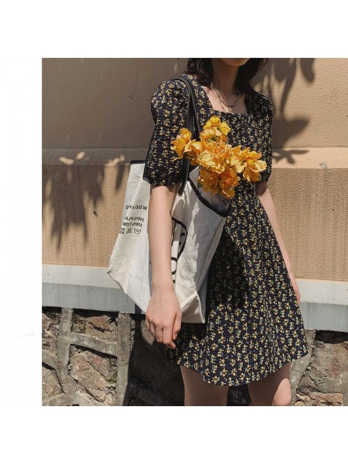 Retro oil painting French floral dress women'...