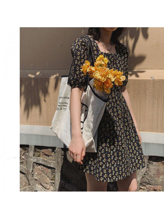 Retro oil painting French floral dress women's  new summer long waist small yellow flower skirt can be replaced 