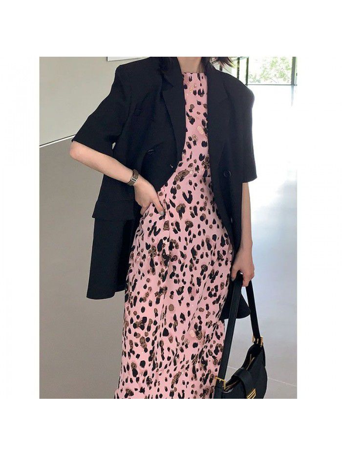 Pink Leopard Pattern bubble sleeve dress summer new round neck lace up waist show thin temperament split dress 