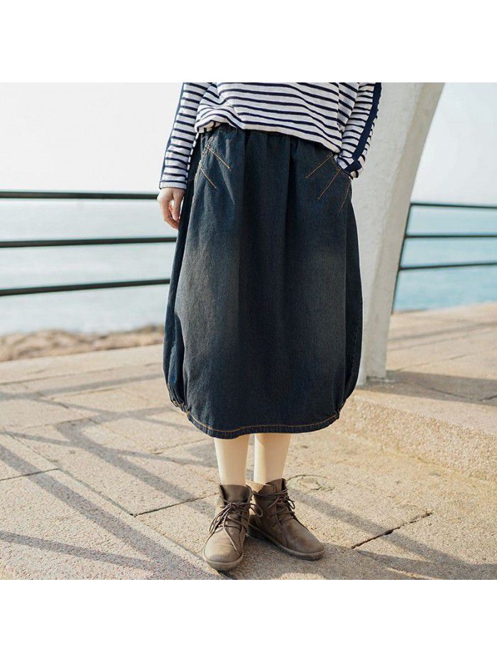 Qimei  Amazon's popular spring fashion denim skirt mid length elastic waist A-line skirt wholesale 