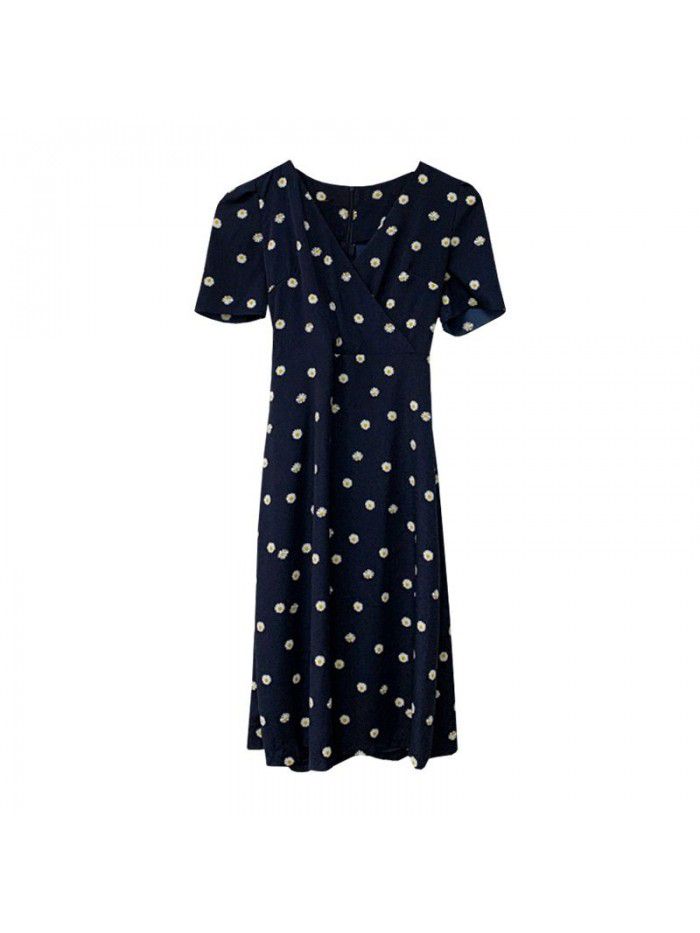 Polka dot dress women's summer mid long French retro Daisy V-neck short sleeve high waist slim bottom skirt 