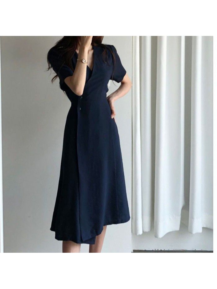 Korean chic temperament V-neck three button slim tie waist mid length short sleeve dress 