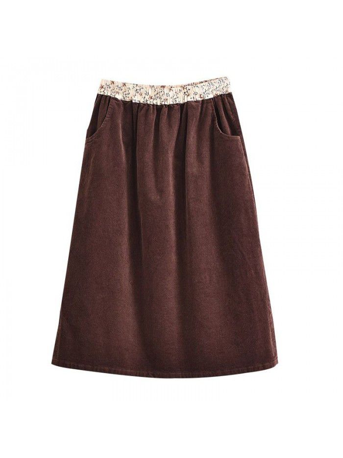 Literature and art women's Corduroy Skirt  new autumn and winter elastic high waist solid color A-line knee length skirt wholesale 