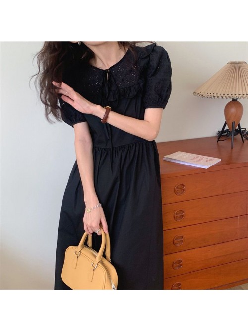 Soft wind cut-out lace dress women's French t...