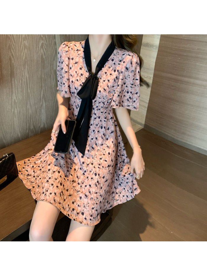 Summer  new temperament sweet short skirt bow waist small Flower Chiffon Dress 