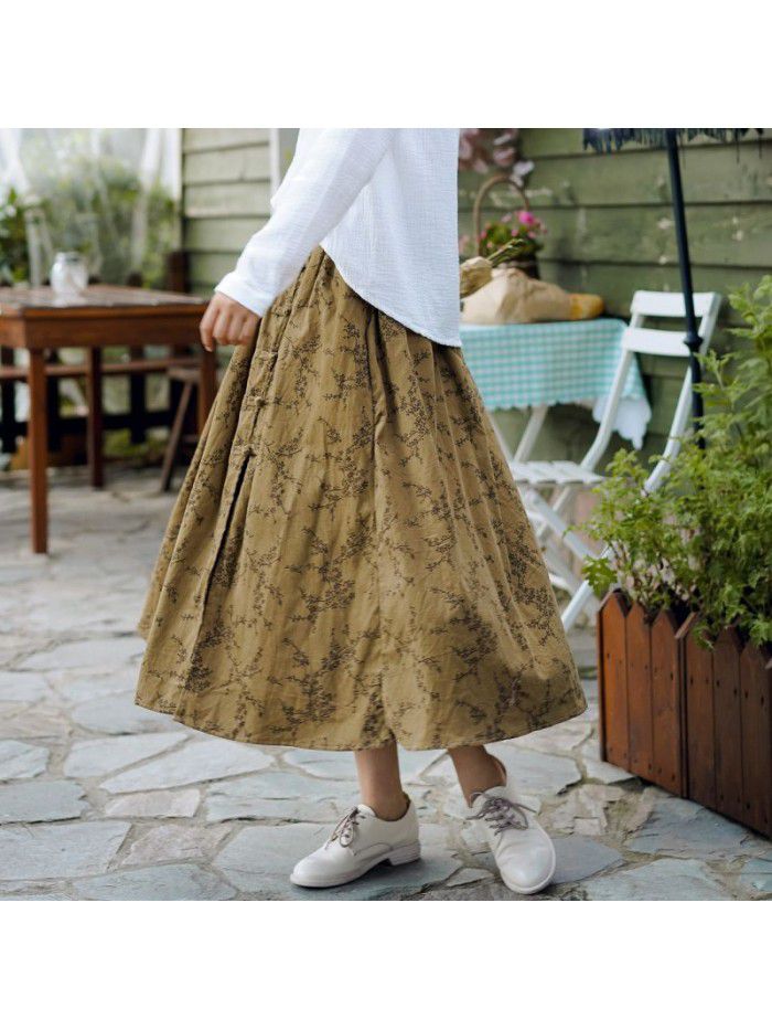 Literature and art women's high waist A-line floral skirt  autumn new half split retro style skirt wholesale 