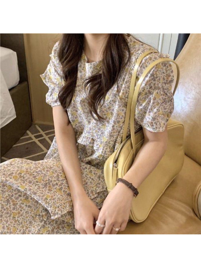 Floral dress women's  spring and summer new gentle temperament French retro bubble sleeve loose slim mid length dress  Floral dress women's  spring and summer new gentle temperament French retro bubble sleeve loose slim mid length dress