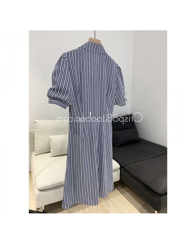 Design Antique side button pleated waist three dimensional bubble sleeve blue and white stripe shirt dress  Design Antique side button pleated waist three dimensional bubble sleeve blue and white stripe shirt dress