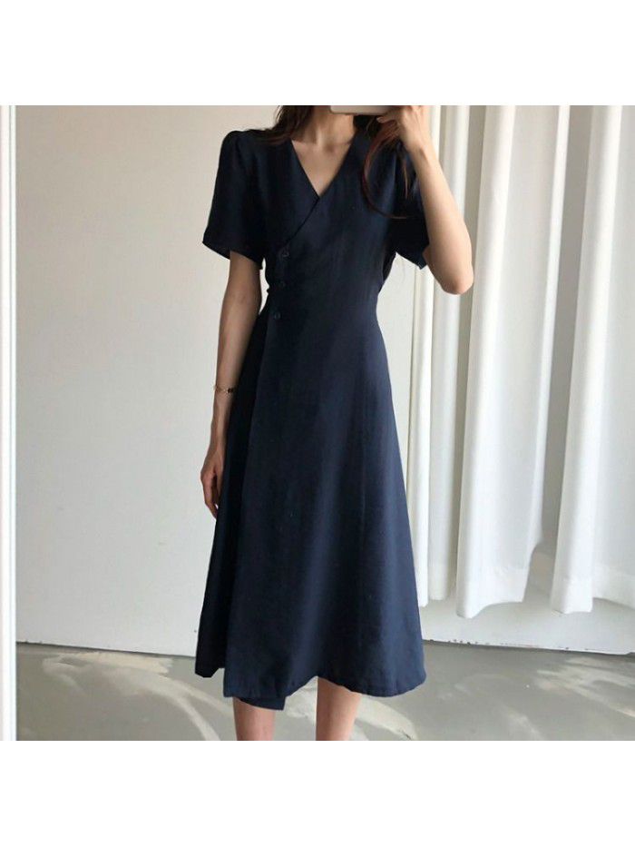 Korean chic temperament V-neck three button slim tie waist mid length short sleeve dress 