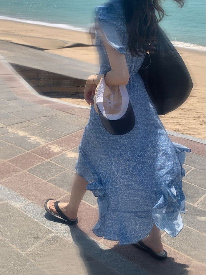 French retro soft floral dress women's summer chiffon long dress design first love dress   French retro soft floral dress women's summer chiffon long dress design first love dress